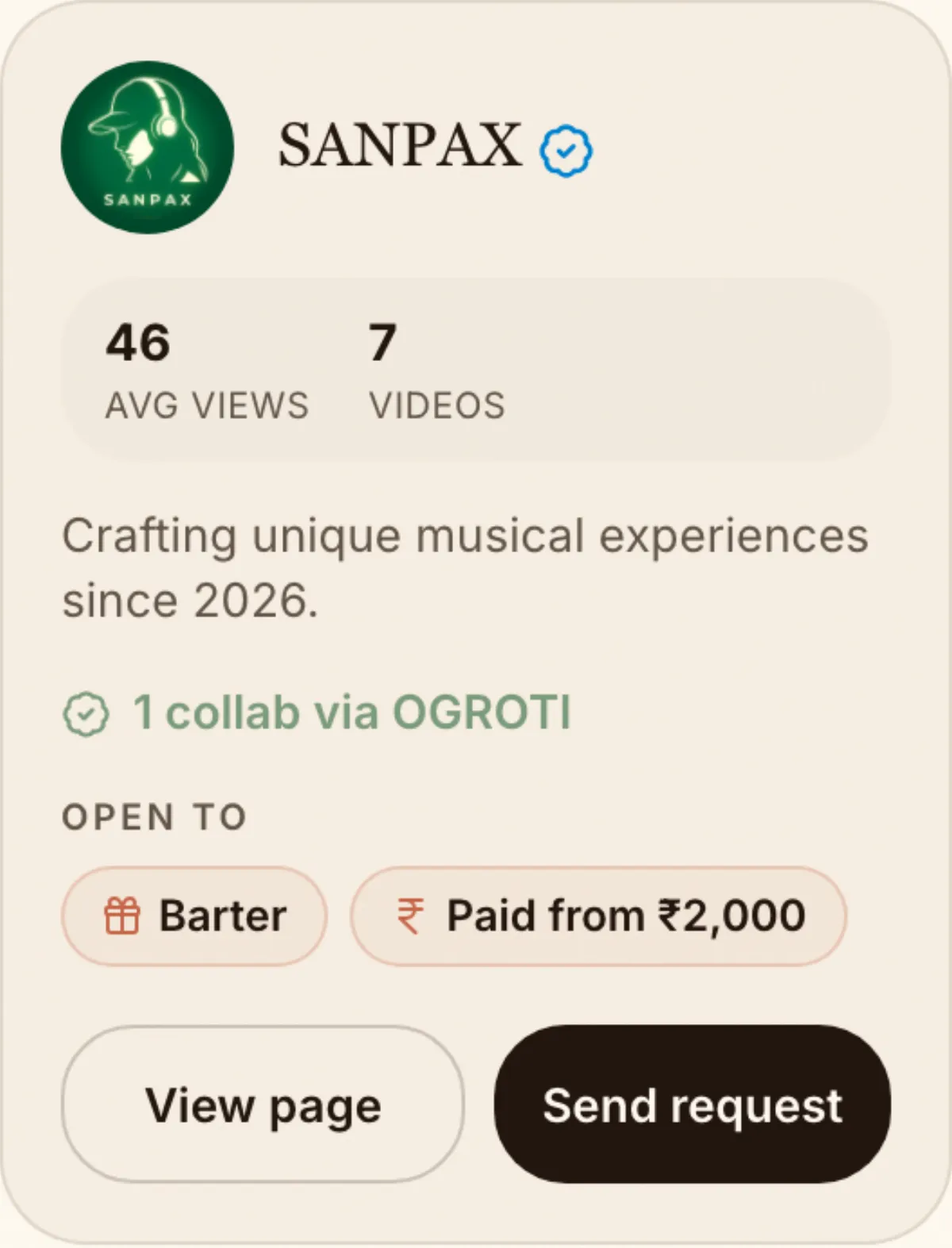A creator card with numbers, what they're open to and a Send request button